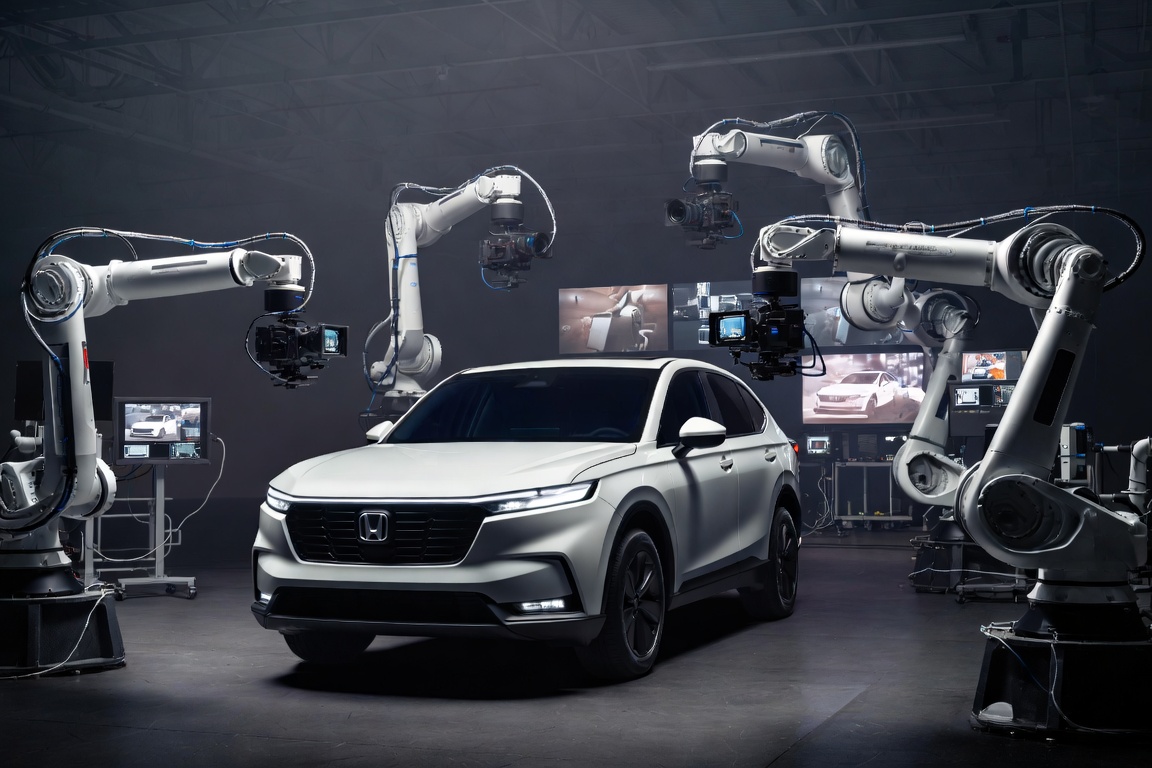 Multi-robot camera studio with white Honda SUV