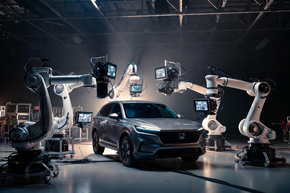 Robotic camera arms filming silver Honda